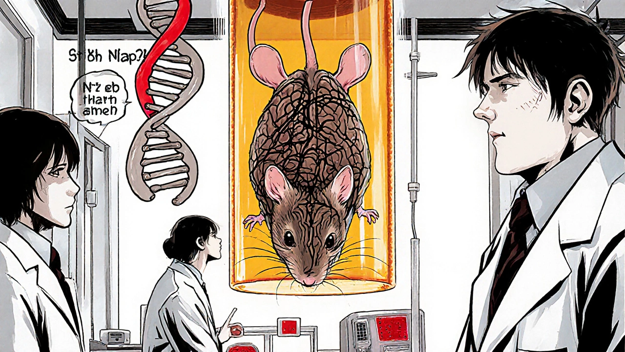 Chercheurs observant un cerveau de souris avec des voies NF‑κB enchevêtrées.