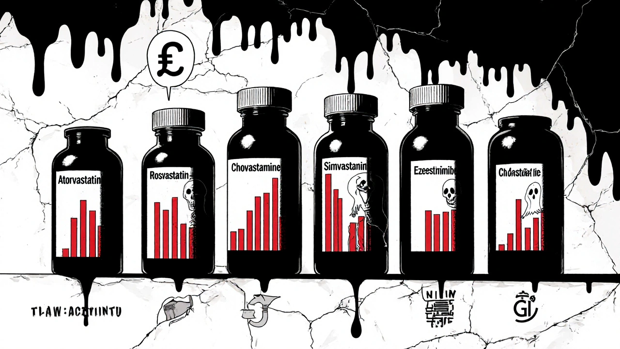 Cinq flacons de médicaments avec graphiques fantomatiques de réduction du LDL et d&#039;effets secondaires.