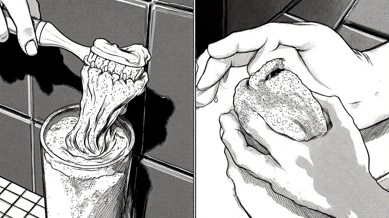 Dentifrice crémeux avec microgranules de carbonate de calcium, brosse à dents et crème exfoliante.