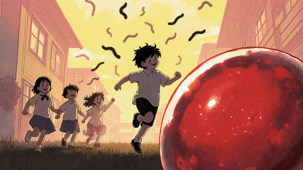 Enfant heureux courant, lumière chaleureuse, silhouette de vers s’estompant, globule rouge brillant.