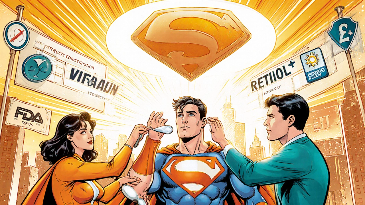 Équipe de super‑héros skincare appliquant hydroquinone, vitamine C, rétinol et protection solaire.