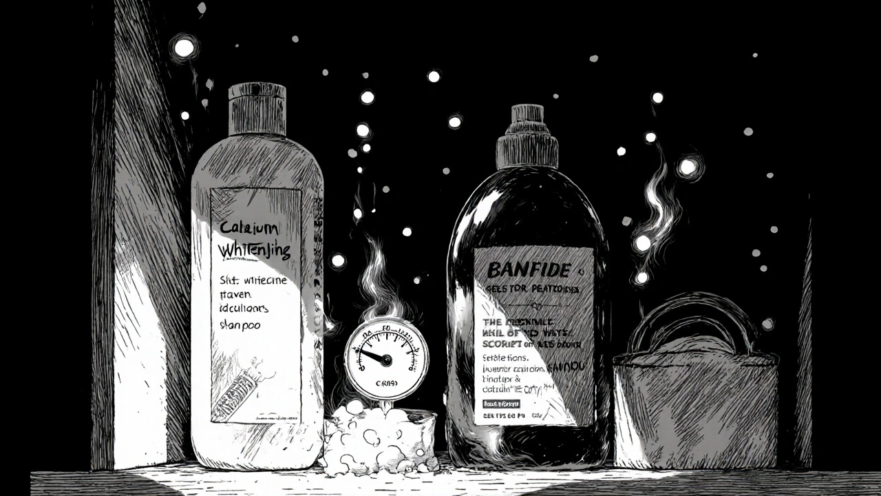 Étagère de salle de bain avec dentifrice, shampoing et lessive illustrant le rôle du carbonate de calcium.