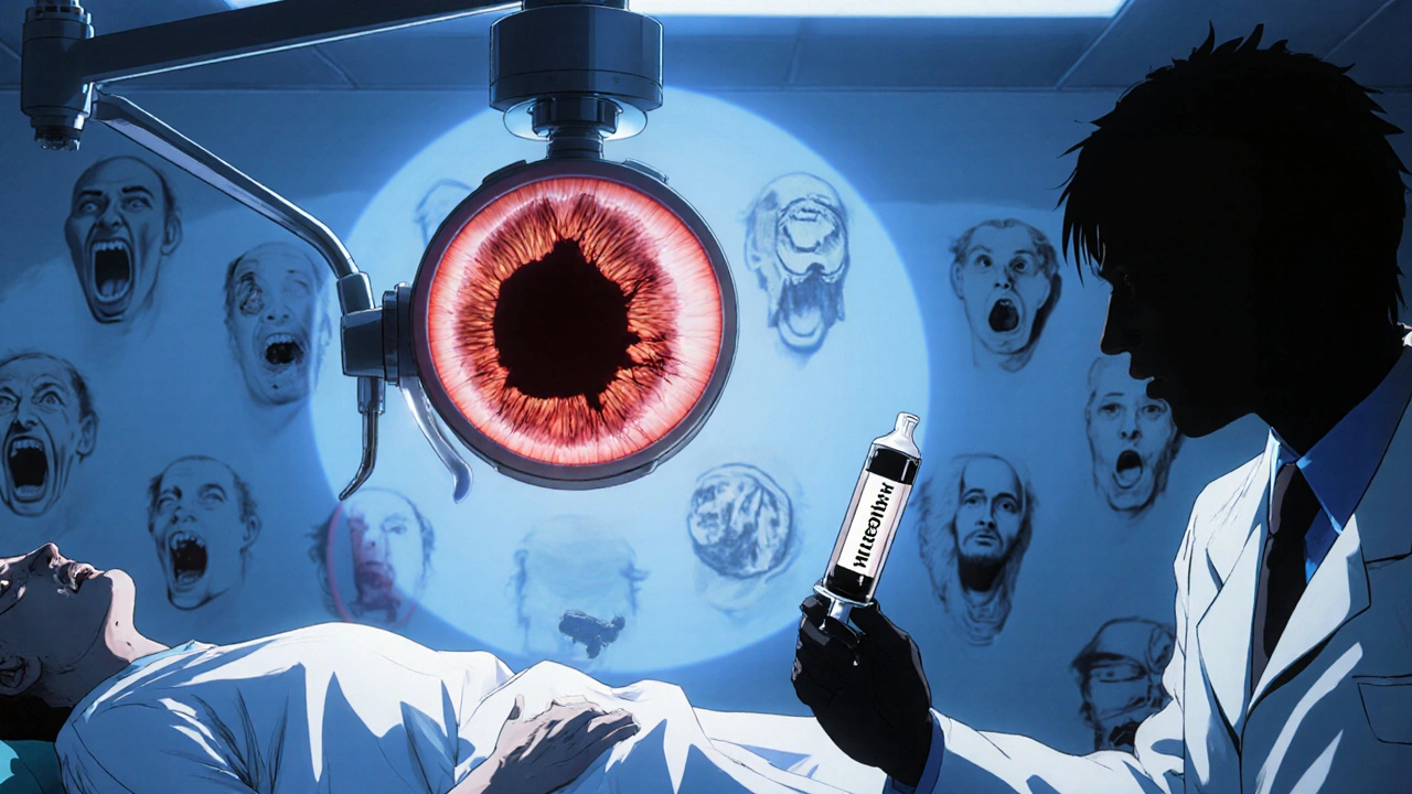 Examen ophtalmologique où un nerf optique gonflé et pulsatile est visible sous un appareil lumineux, ambiance clinique sinistre.