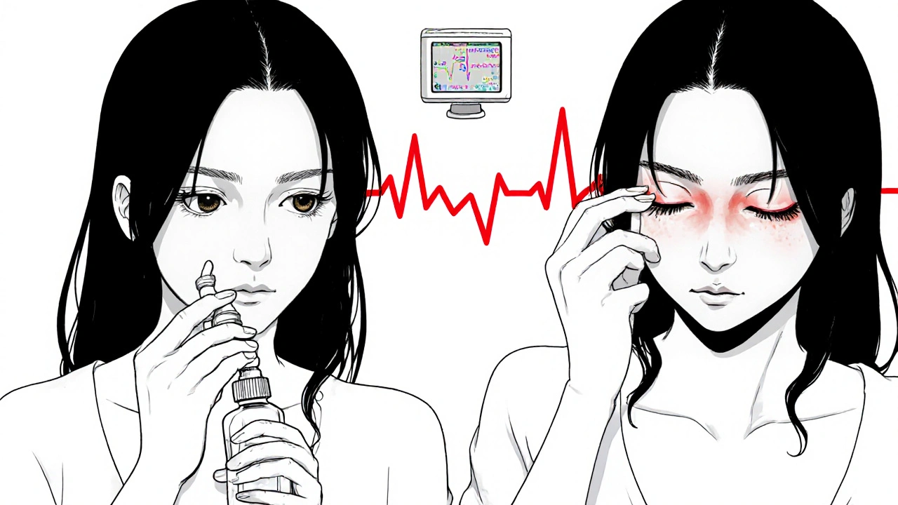 Femme enceinte suivant les étapes d’application du collyre, avec pouls visible.