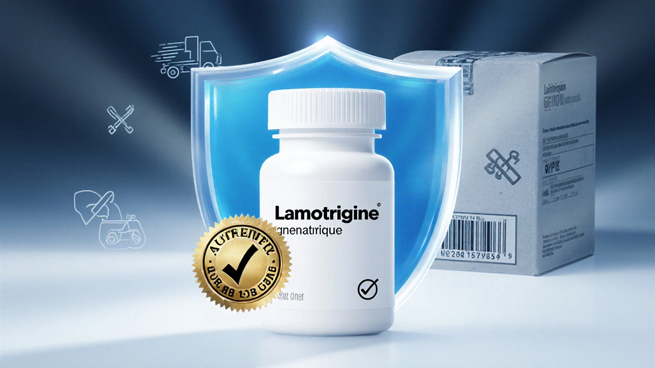 Flacon de lamotrigine générique protégé par un bouclier et un sceau de sécurité, posé à côté d’une boîte de livraison.