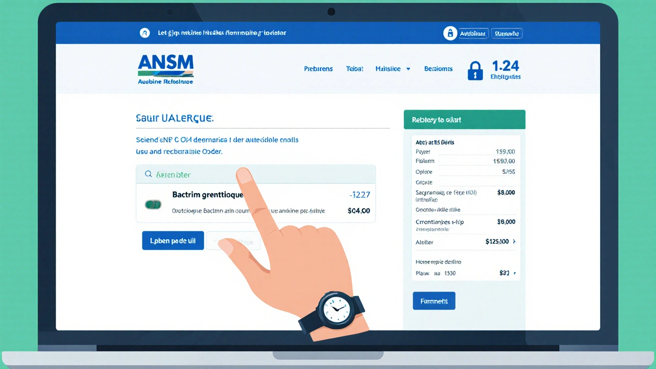 Illustration d&#039;une commande en ligne sécurisée avec numéro d&#039;agrément ANSM et téléchargement d&#039;ordonnance.