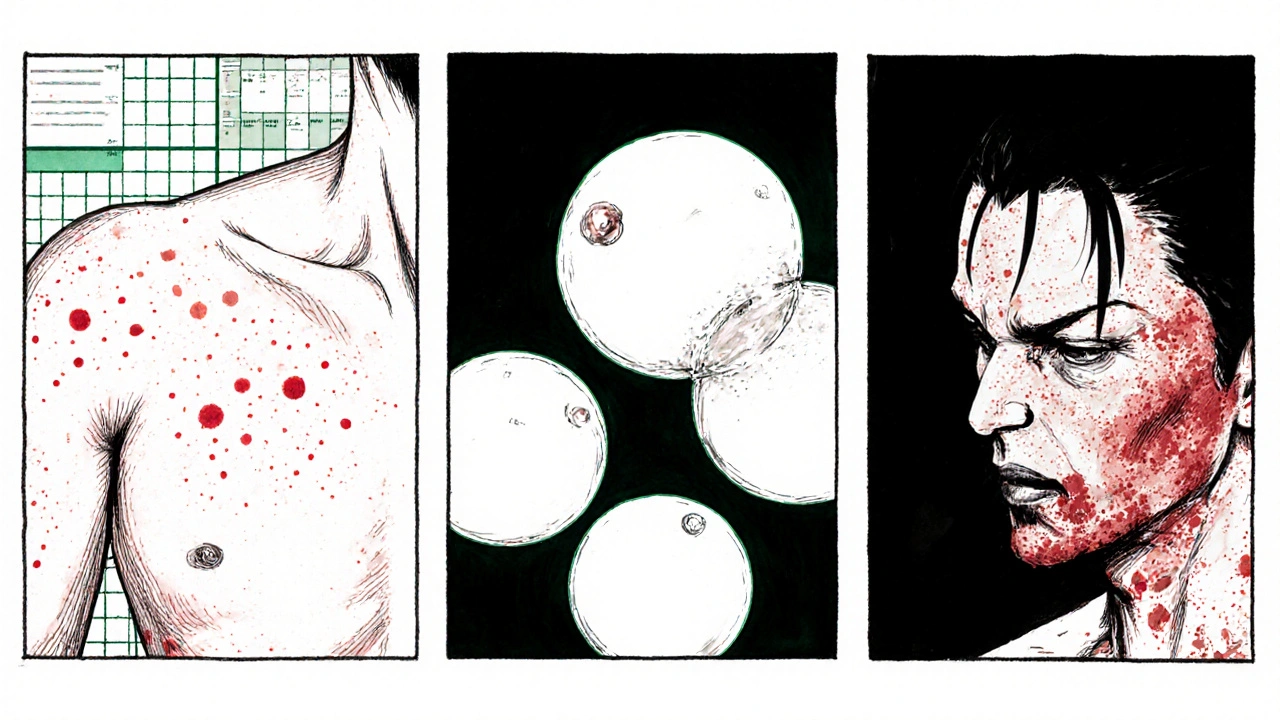 Illustration de plusieurs types d&#039;éruptions cutanées médicamenteuses, du maculopapuleux au syndrome de Stevens‑Johnson.