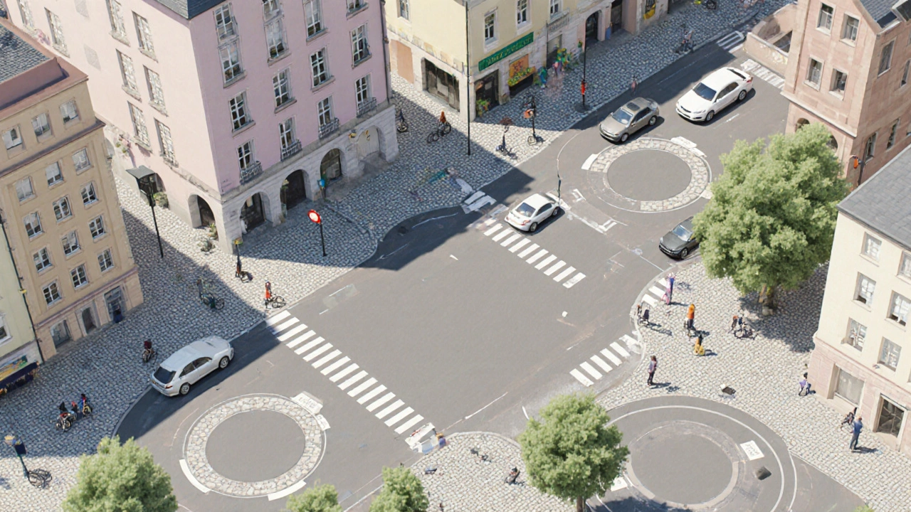 Illustration isométrique du centre de Strasbourg montrant des ronds-points et des zones 30 avec trafic homogène.