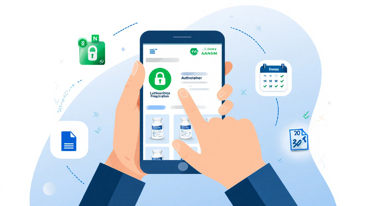 Main tenant un smartphone montrant un site d pharmacie en ligne sécurisé.