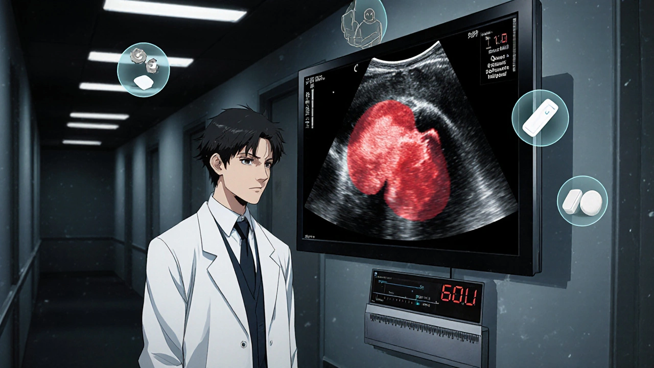 Médecin face à un écho prostatique montrant gros volume, Qmax bas et RPM élevé, icônes de traitements flottant, ambiance Junji Ito.