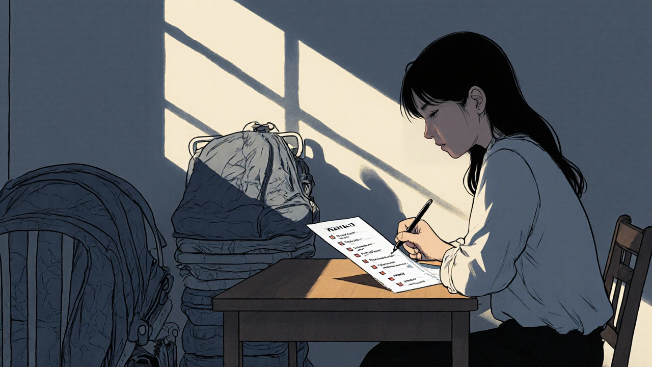 Mère vérifiant une checklist à côté d&#039;équipements bébé d&#039;occasion, lumière tamisée.