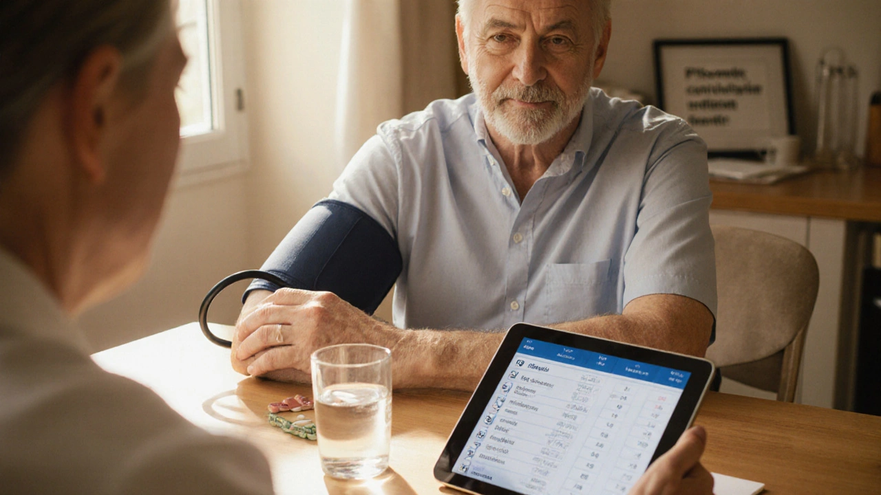 Patient consulting doctor on a tablet, measuring blood pressure with a potassium supplement nearby.