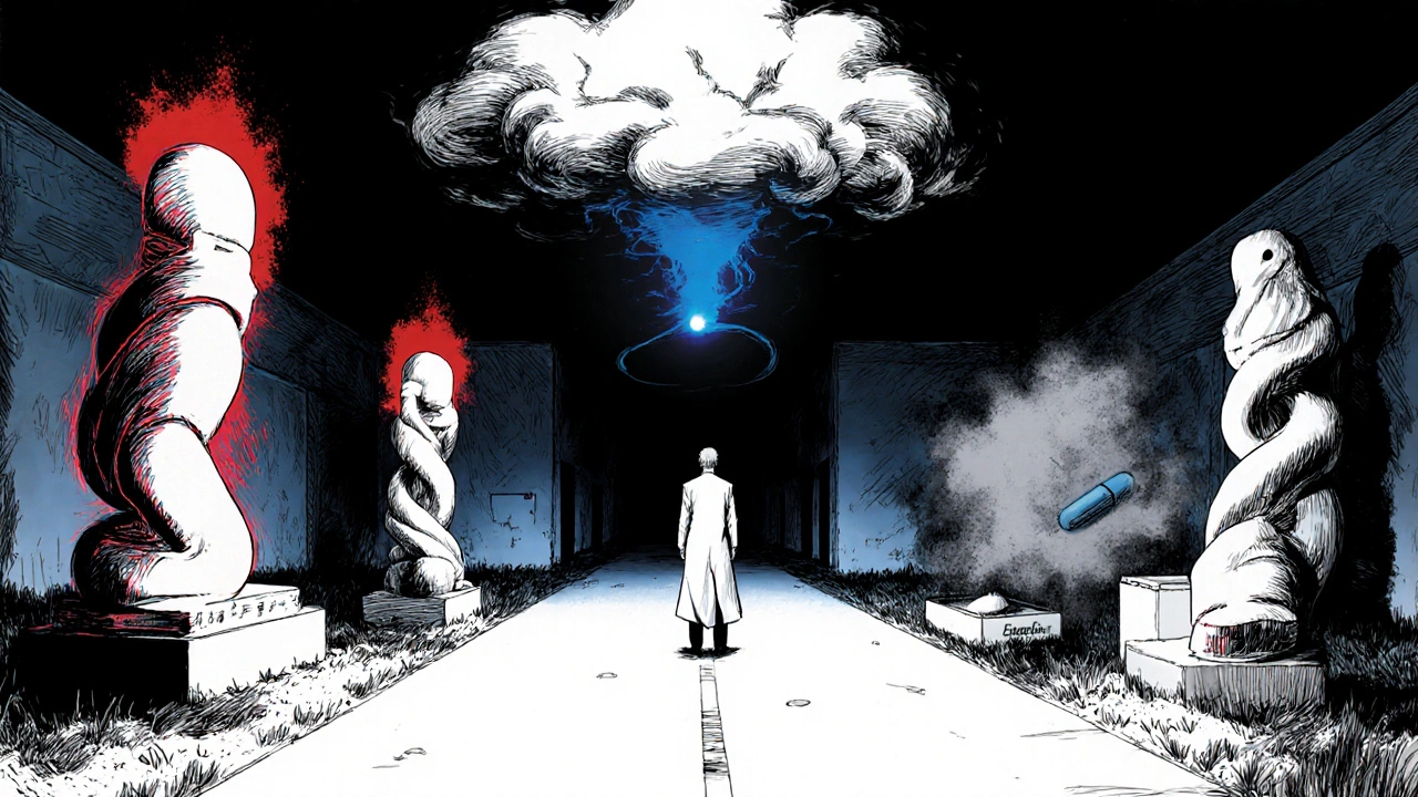 Patient et médecin à un carrefour, un chemin menant aux statines, l&#039;autre aux alternatives non‑statines.