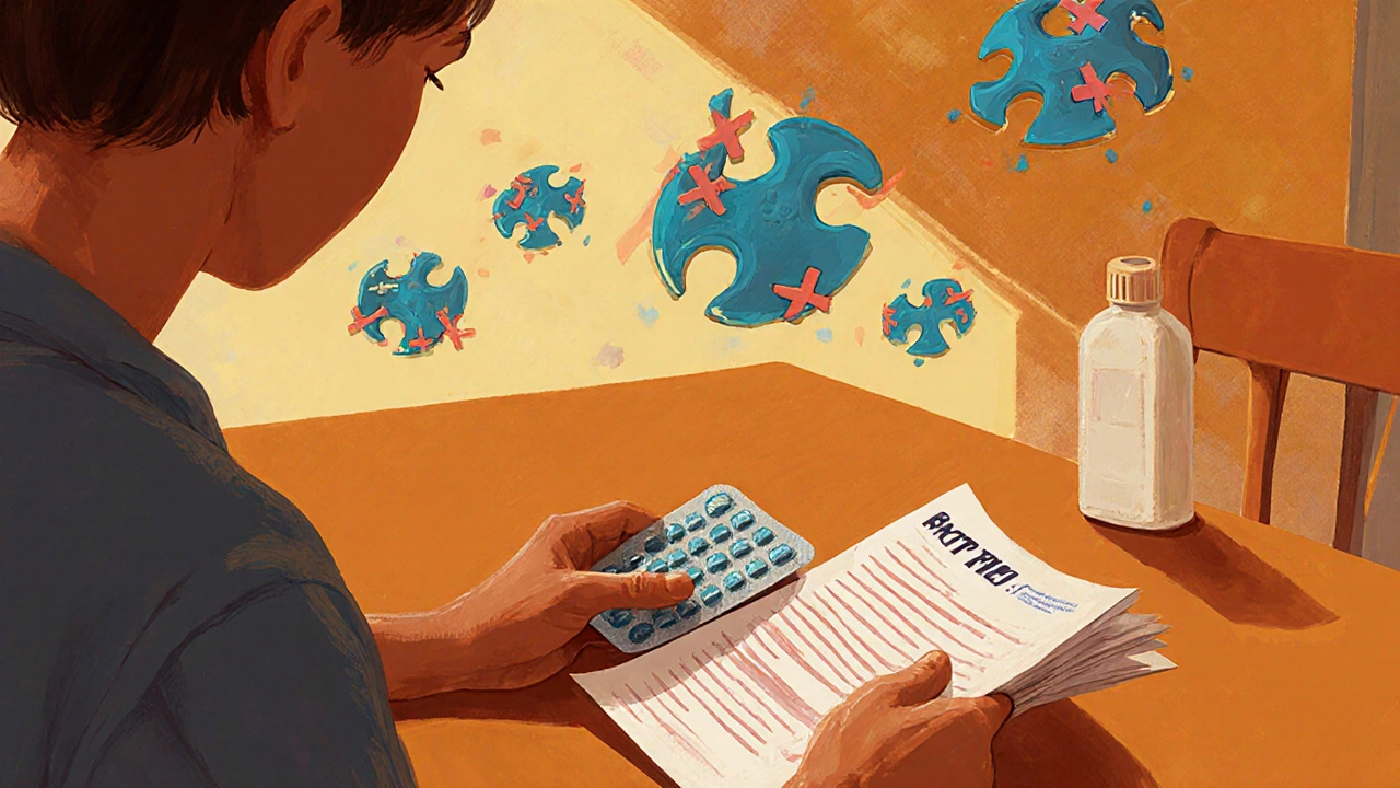 Peinture d&#039;un patient lisant la notice du Bactrim générique, avec des bactéries bloquées.