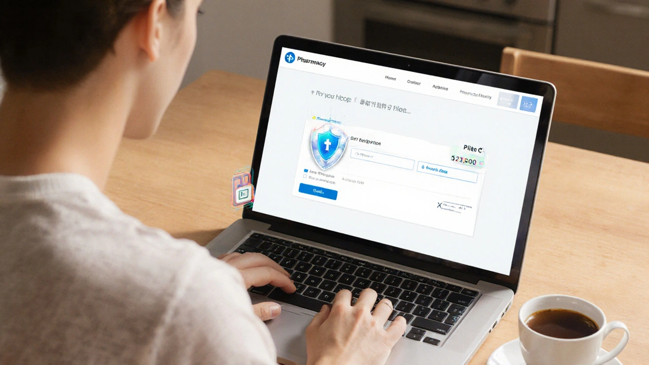Personne remplissant une ordonnance électronique et payant en ligne sur un ordinateur.