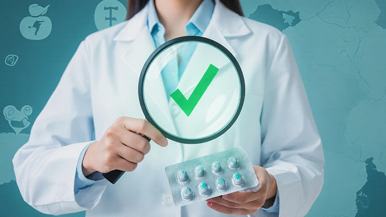 Pharmacien vérifiant l&#039;authenticité d&#039;un emballage d&#039;escitalopram avec une loupe.
