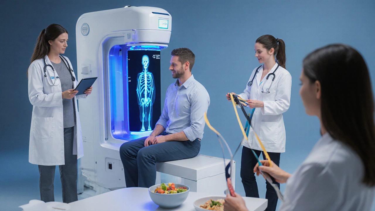 Rendu 3D d&#039;une prise en charge multidisciplinaire avec scan osseux, exercice léger et équipe médicale.
