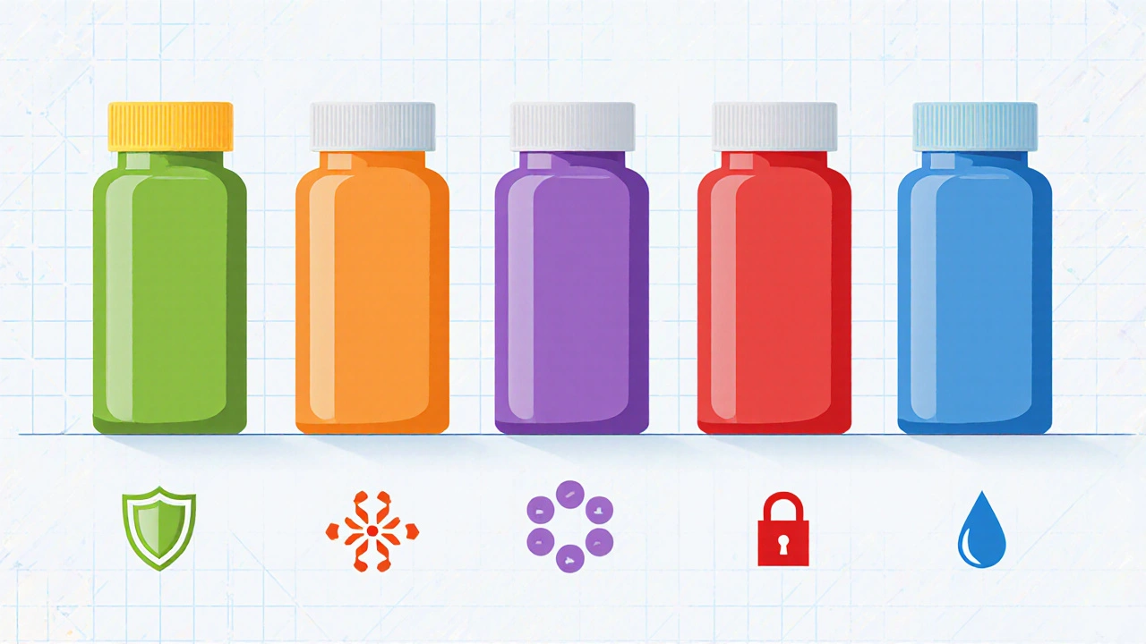 Row of five medicine bottles with colored caps and icons representing IEC, calcium blocker, ARB, and diuretics.