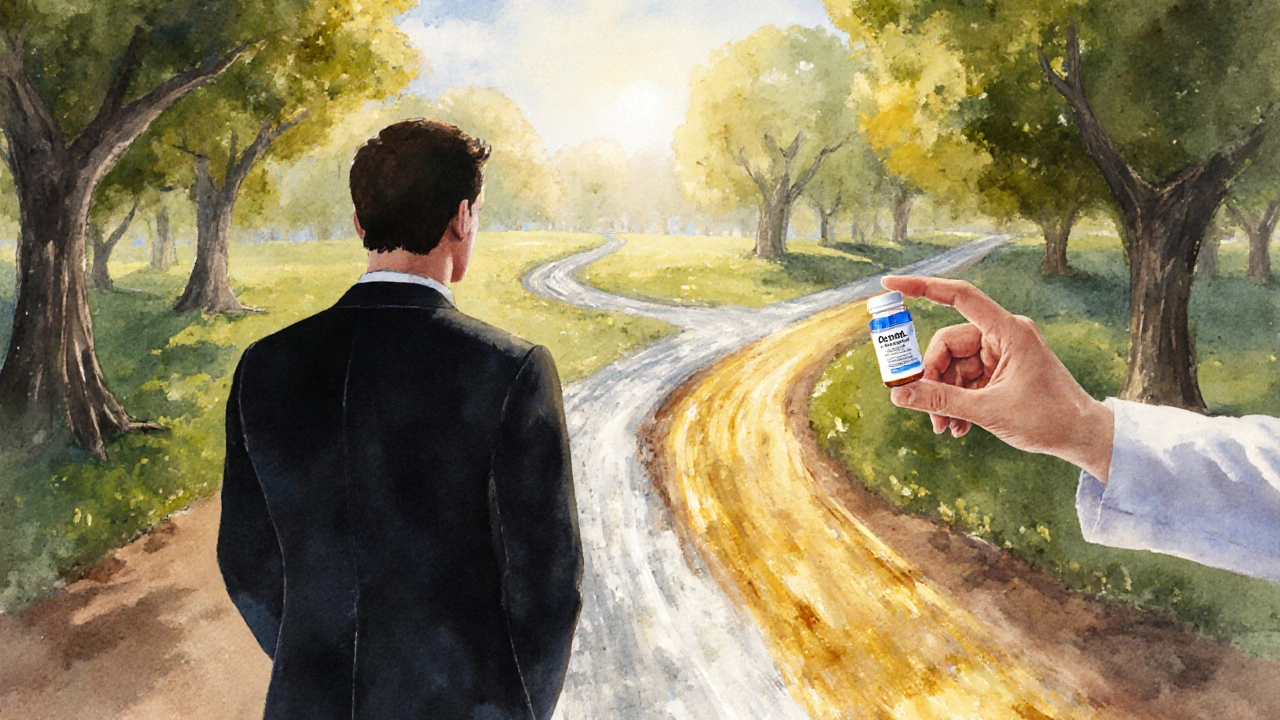 Scène aquarelle d’un homme à un carrefour symbolisant choix d’efficacité, rapidité et coût.