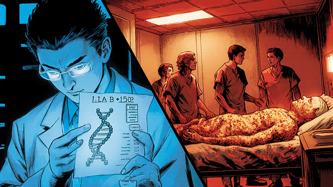 Scène divisée montrant un test génétique et un patient en soins intensifs avec des lésions cutanées sévères.