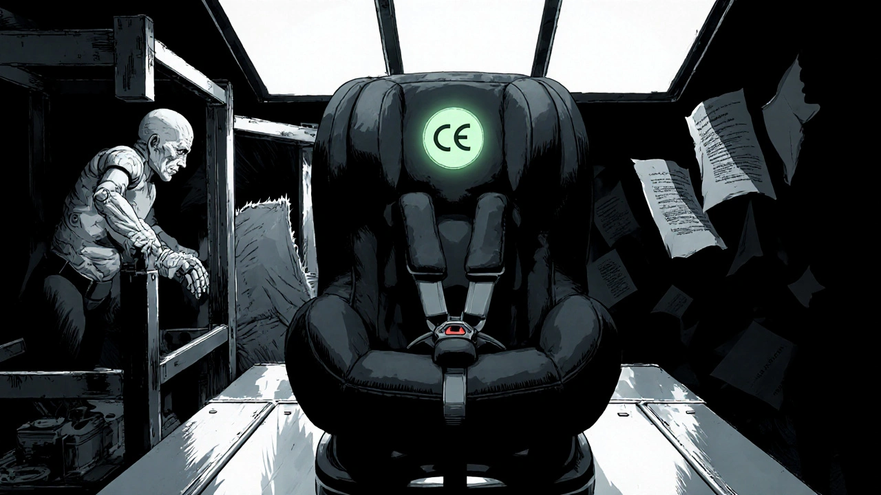 Siège auto bébé avec marquage CE brillant, test de crash en laboratoire, éclairage dur.