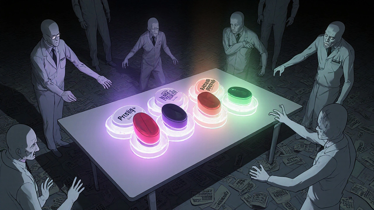 Six pilules flottantes émettant des auras colorées, entourées de silhouettes humaines désespérées.