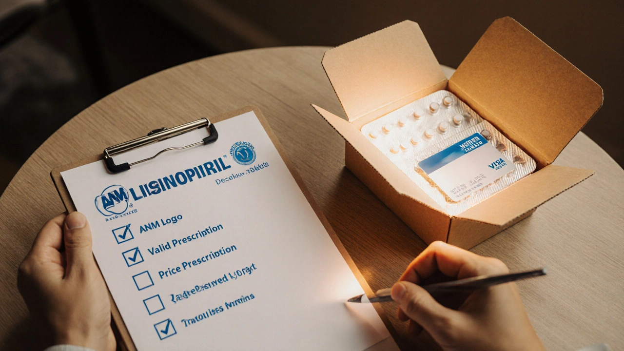 Table avec checklist, boîte de médicaments et suivi de livraison pour acheter du Lisinopril.
