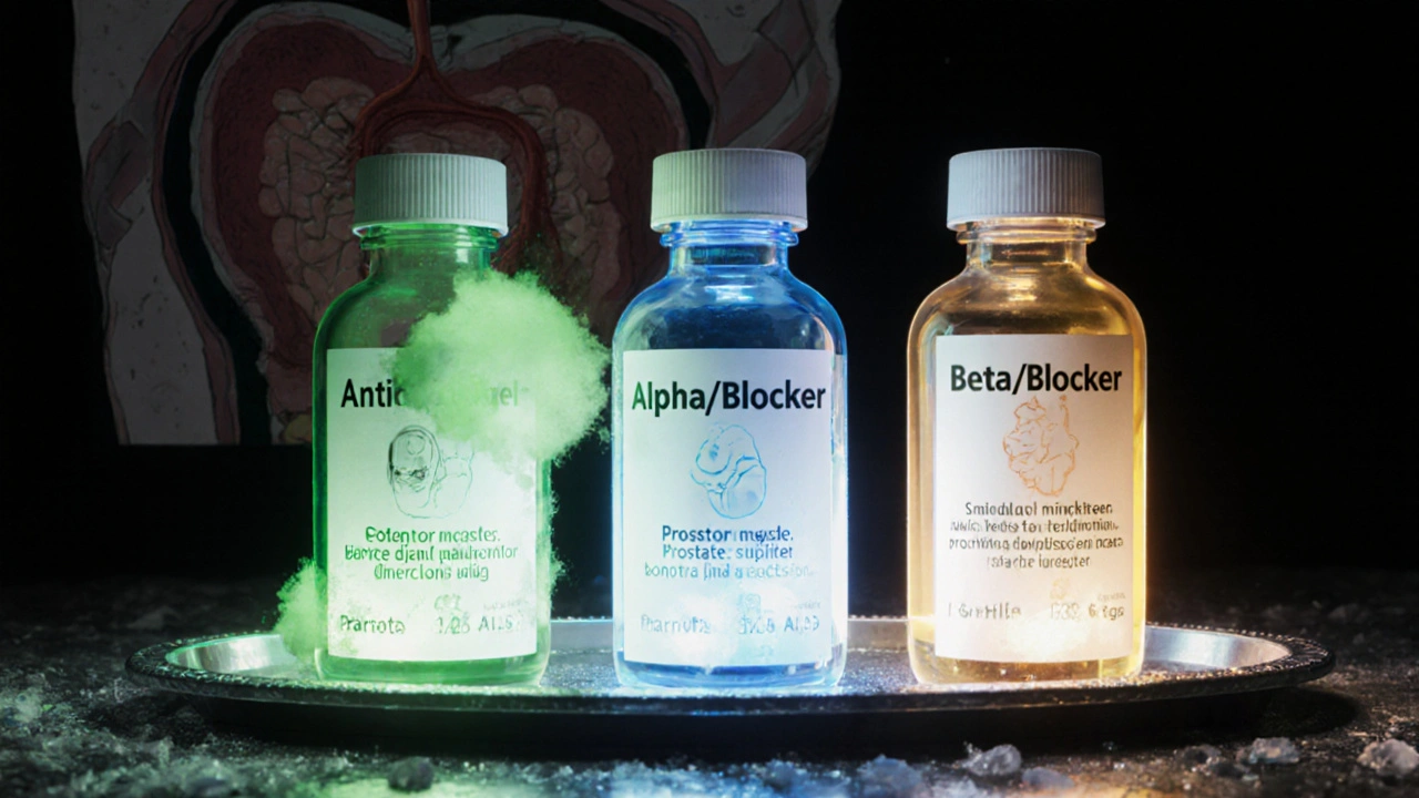 Trois flacons de médicaments émettant des halos sinistres autour d’une coupe anatomique du système urinaire, style Junji Ito.