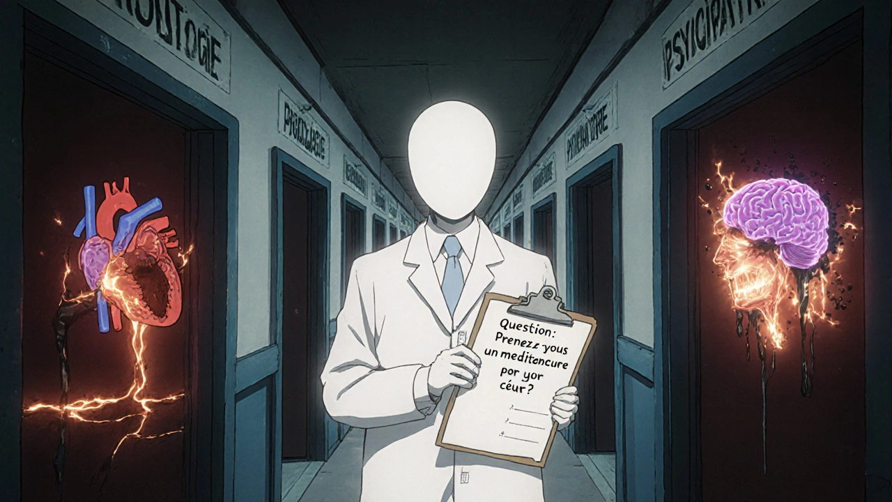 Un couloir infini de portes médicales, derrière chacune un cœur et un cerveau en conflit, une main tient un papier avec une question effacée.