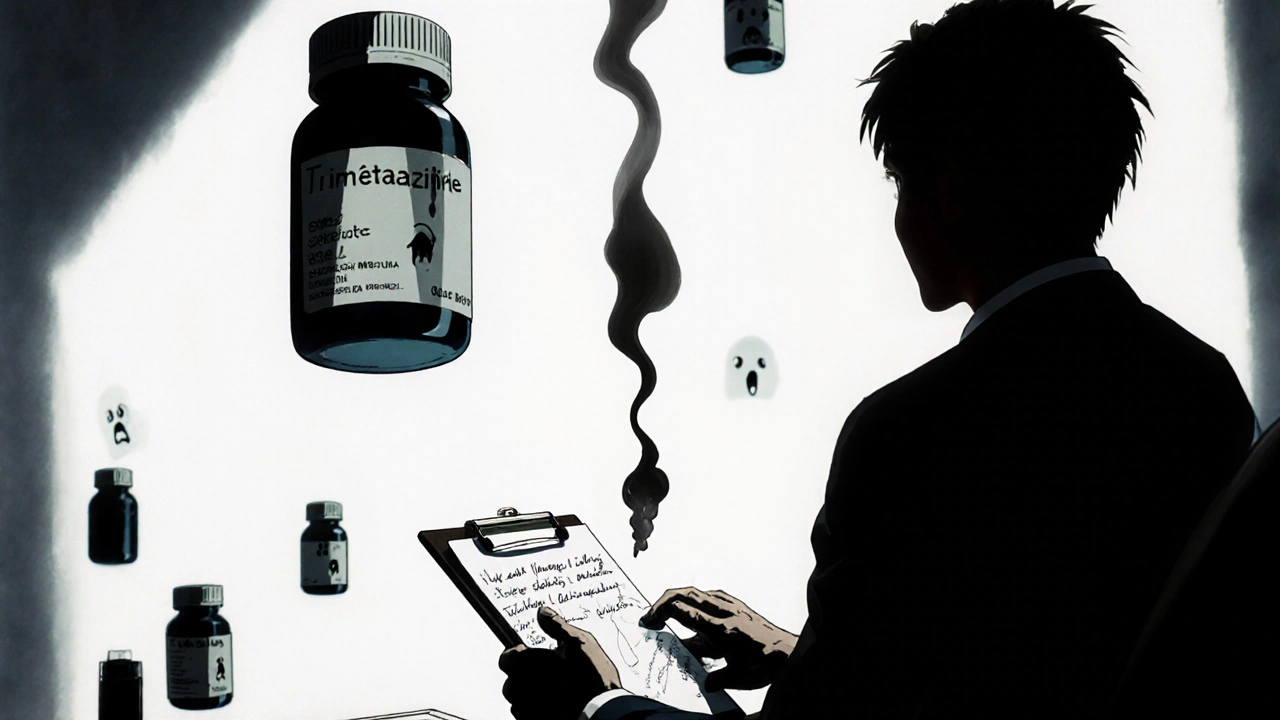 Un psychiatre face à un patient dont l&#039;ombre tremble, des bouteilles de trimétazidine dégagent une fumée noire en forme de spasmes.