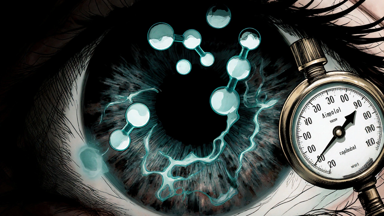 Vue interne d’un œil, molécules de dorzolamide et timolol réduisant le liquide.