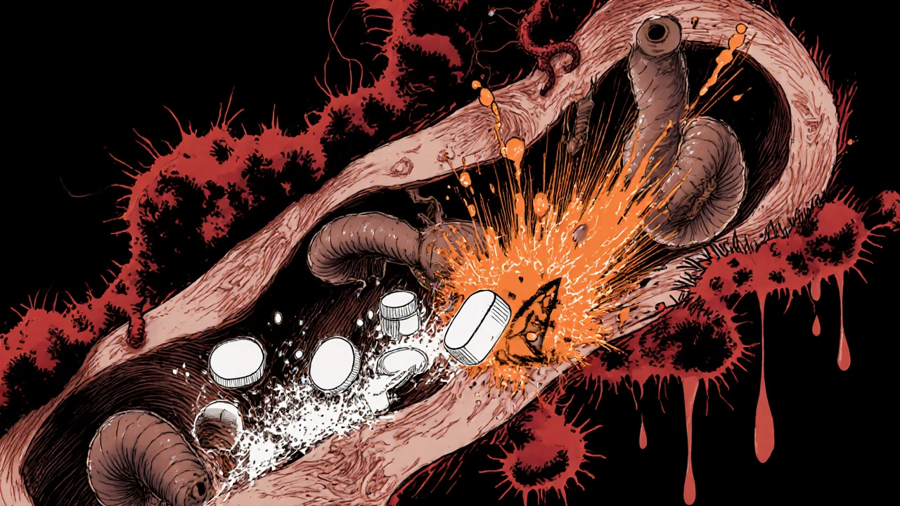 Vue microscopique du mébendazole détruisant des vers intestinaux, avec des éclats orange.