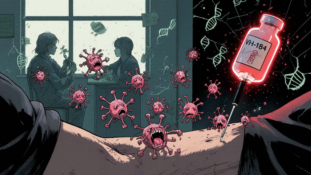 Aiguille injectant des clones de virus qui se multiplient en formes grotesques, avec un flacon VH-184 qui pulse dans l&#039;ombre.