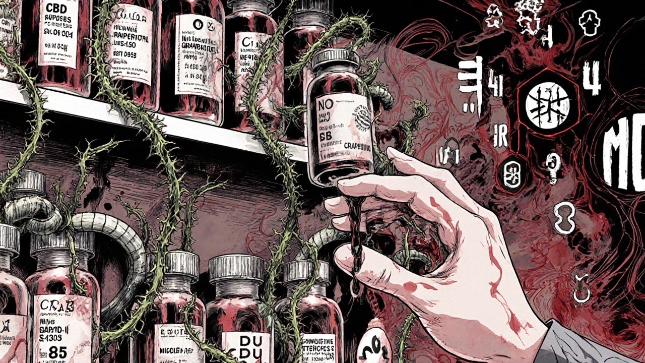 Bouteilles de médicaments étouffées par des vignes CBD, des gouttes de sang et des chiffres INR flottants dans l&#039;air.