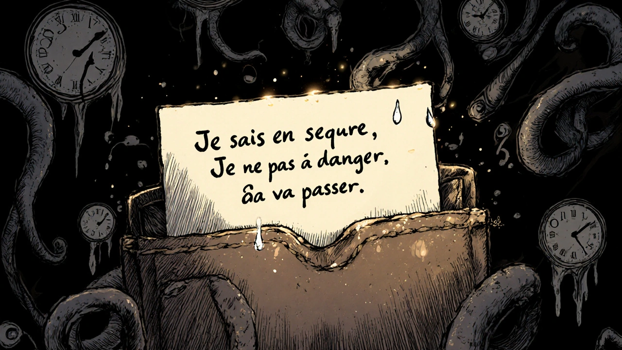 Carte avec phrases de réassurance dans un portefeuille, lumière douce contre ténèbres envahissantes.