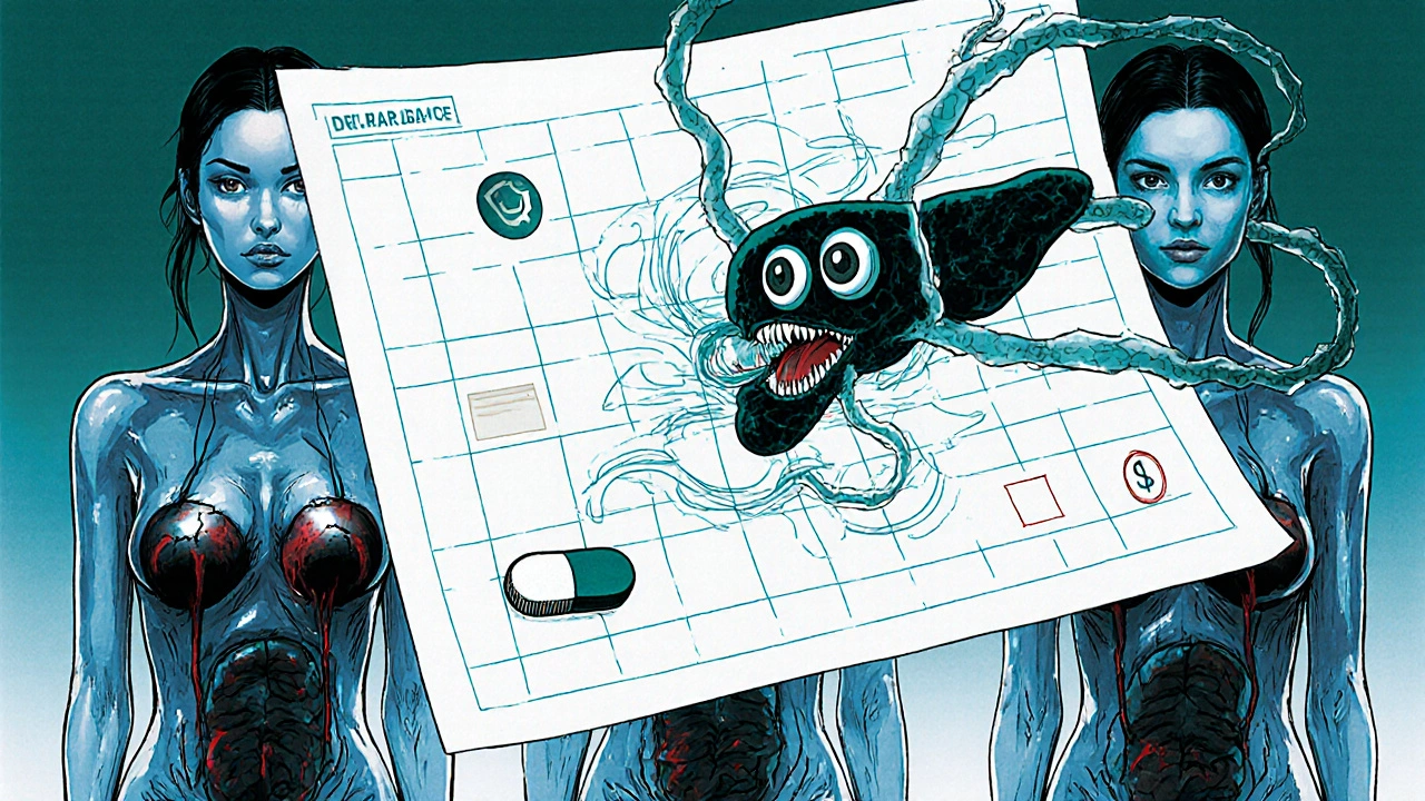 Charte médicale dévorée par un foie monstrueux aux multiples yeux, trois femmes translucides avec utérus vides.