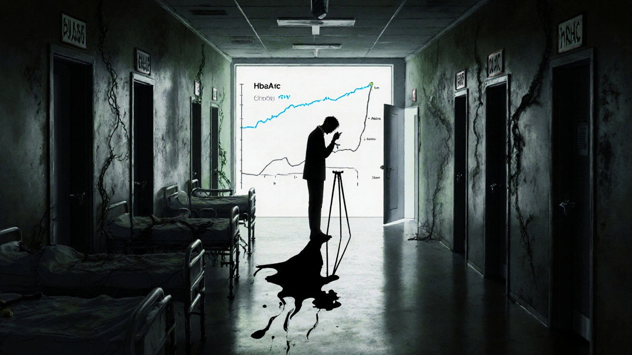 Couloir d&#039;hôpital infini où certaines portes révèlent des lits vides, une seule montre un patient prenant ses pilules avec une ombre de jambes intactes.