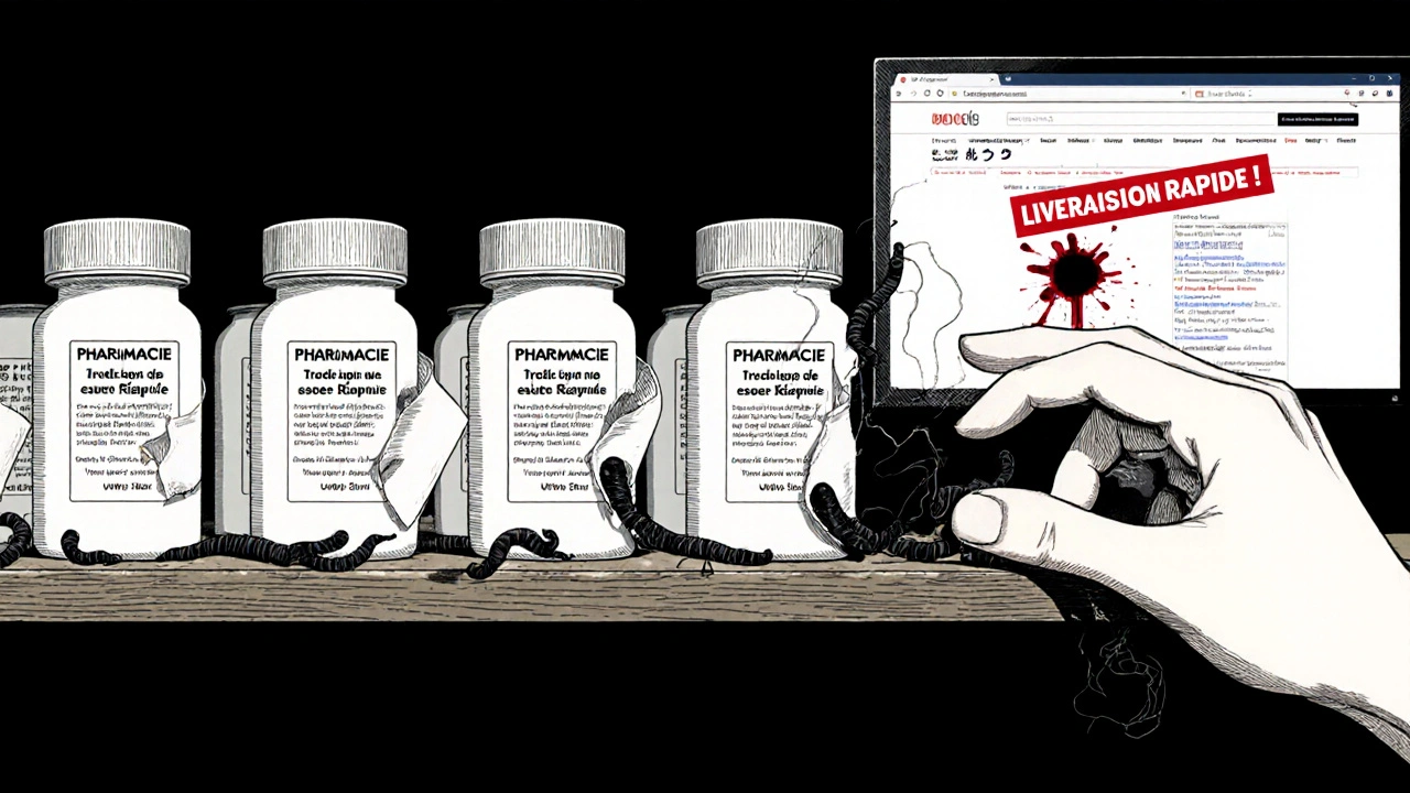 Des flacons de pilules en ligne semblent légaux, mais déversent des vers noirs vivants, un écran affiche un banner de livraison rapide qui saigne.
