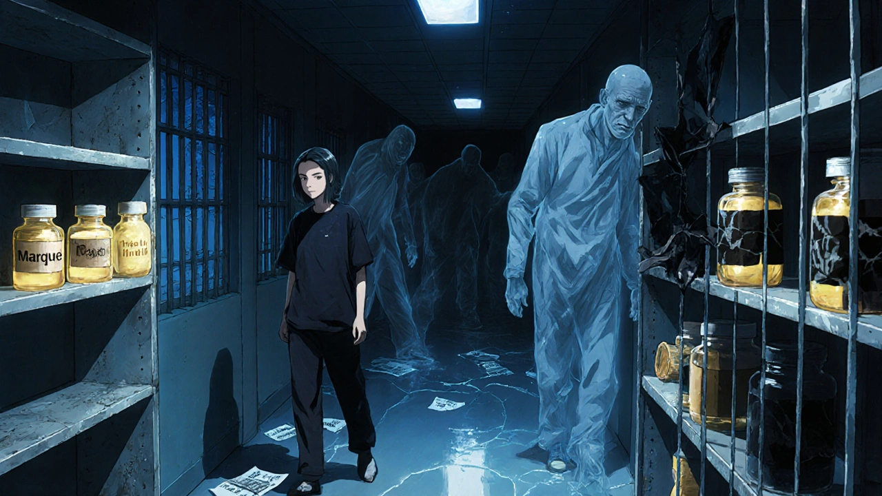 Des patients dans un couloir d&#039;hôpital, leurs bouteilles de pilules émettent des auréoles contrastées, certains s&#039;effondrent en poussière.