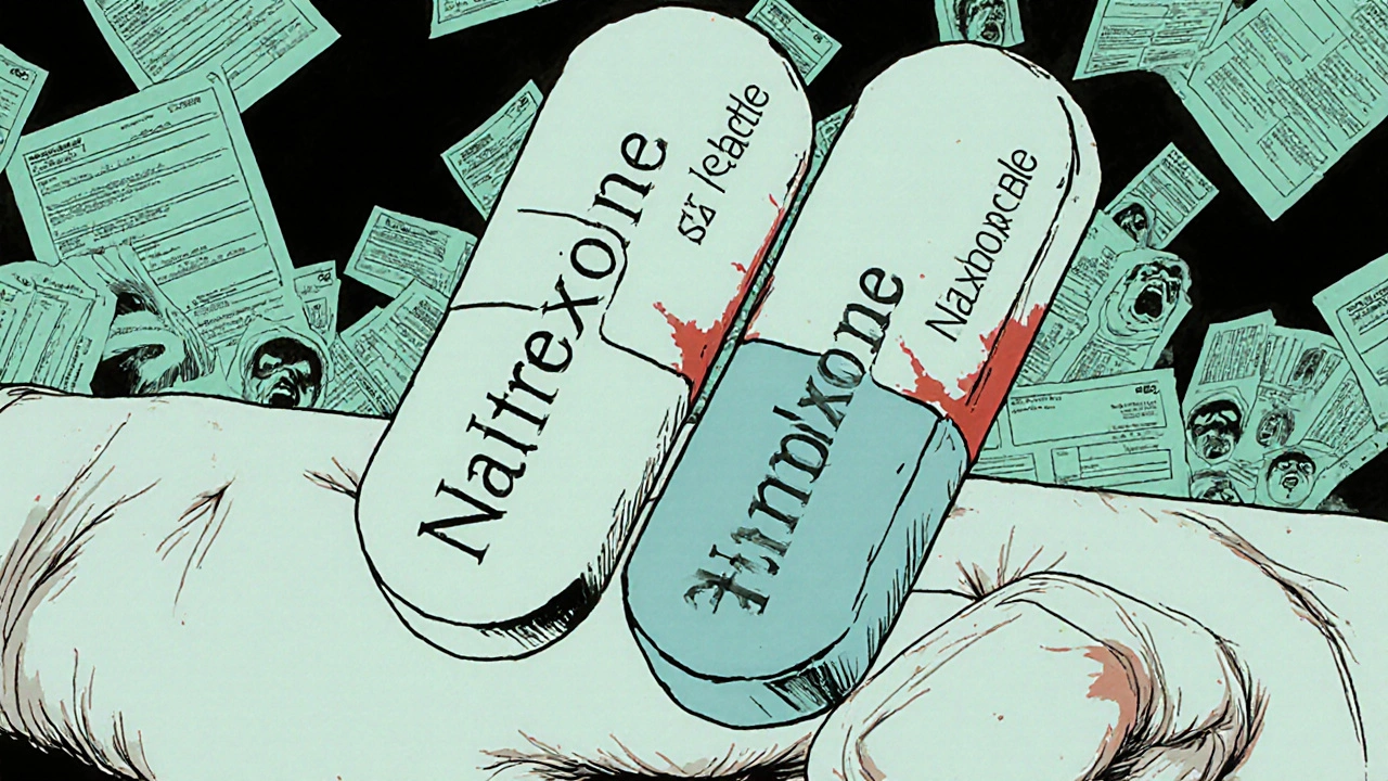 Deux pilules aux noms similaires qui semblent vivantes, entourées de papiers médicaux transformés en visages hurlants.