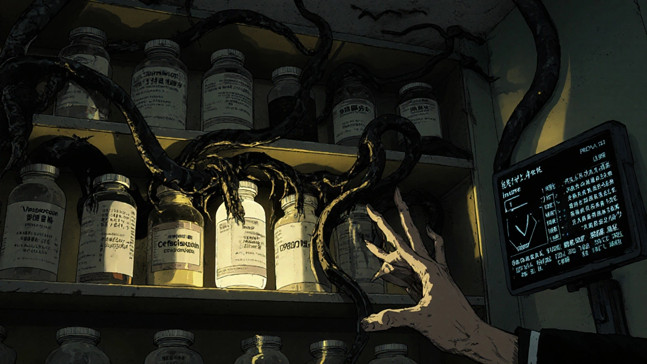 Étagère de médicaments où certaines bouteilles se transforment en serpents venimeux, une main tente d&#039;en saisir une, ses doigts se fissurent.