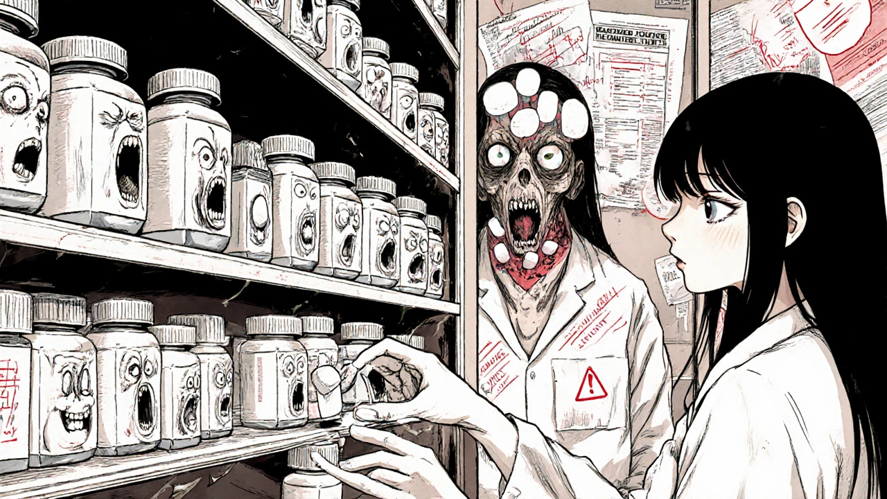 Étagère de pharmacie avec des bouteilles dont les étiquettes deviennent des visages hurlants.