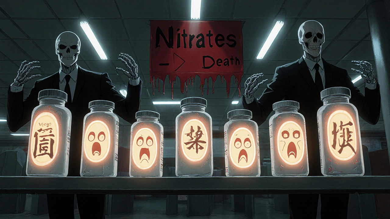 Étagère de pharmacie avec des flacons qui deviennent des tombes, des visages hurlants et un avertissement en sang.