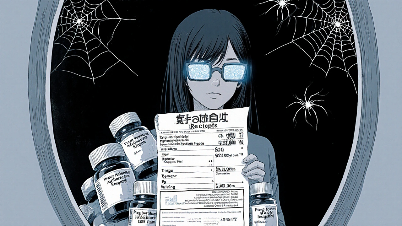 Femme dont le reflet se transforme en reçu de pharmacie géant avec des bouteilles de médicaments poussant comme des organes.