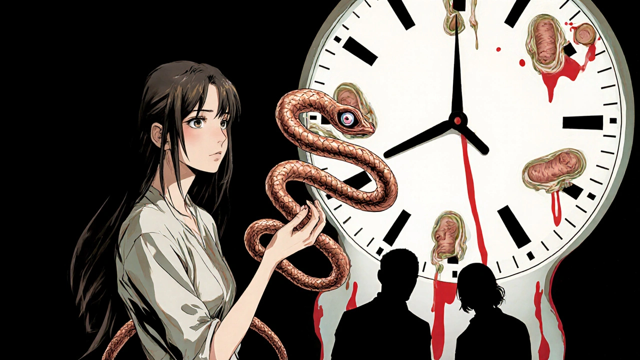 Femme tenant un stérilet au cuivre qui se transforme en créature serpentée, des médecins sans visage derrière elle.