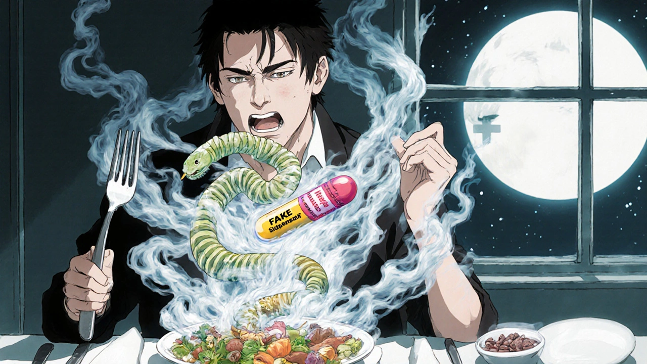 Homme au dîner dont le corps se désintègre en suppléments naturels, une pilule serpente autour de son cou.