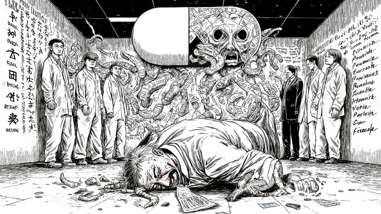 Homme en arrêt cardiaque dans une salle d&#039;urgence, son visage déchiré, des étiquettes de médicaments se transformant en tentacules.