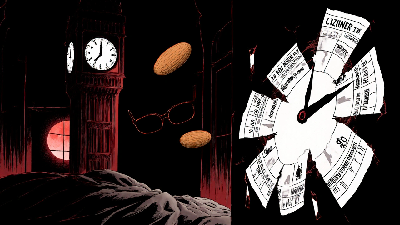 Horloge déformée en doigts squelettiques dans une chambre obscure, des médicaments déchirant le calendrier, des lunettes orange et une amande flottant dans l’ombre.