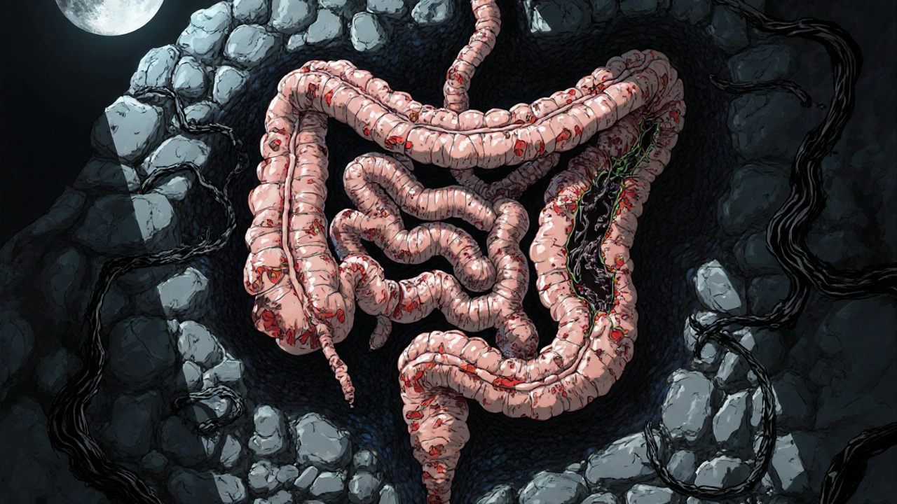 Intestin fracturé avec des ulcères profonds et des fistules en forme de vrilles, caractéristique de la maladie de Crohn.