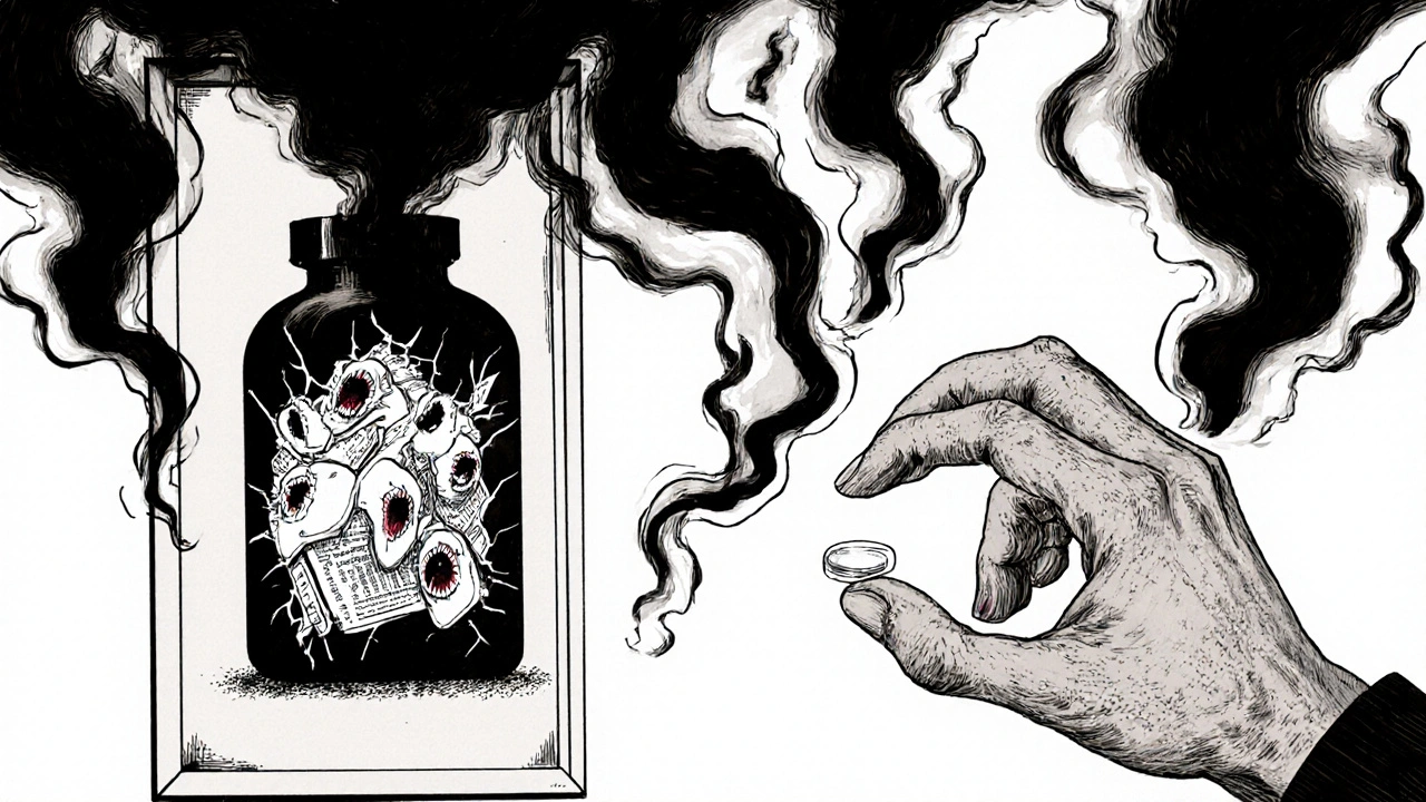 Main au-dessus d&#039;une bouteille d&#039;antidépresseurs, des fumées noires formant des visages hurlants, peau qui se fissure en reflet.